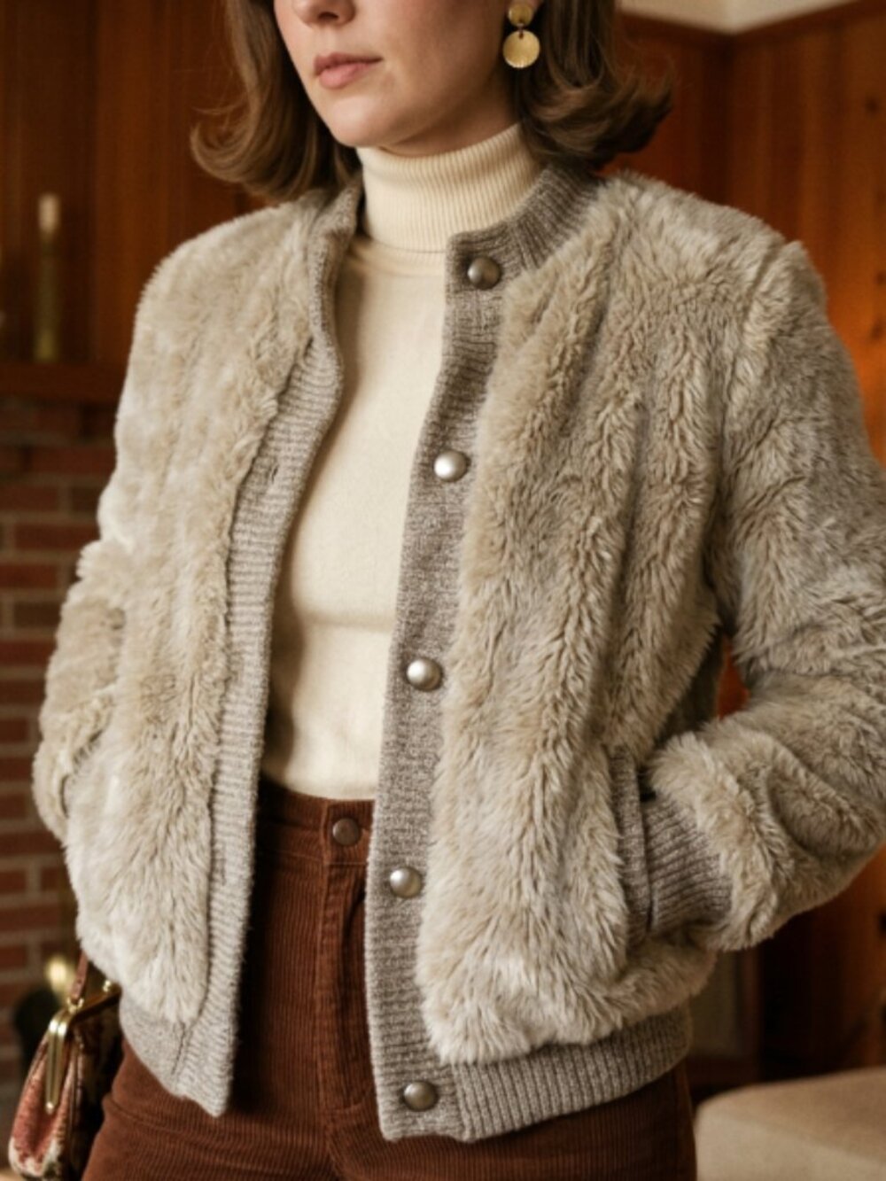 Vintage Tan and Cream Faux Fur Jacket with Buttons